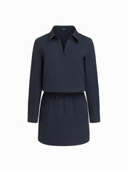 100% Cotton Collar V-neck Long Sleeve Cinched Waist Mini Dress