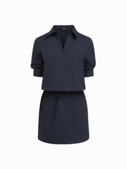 100% Cotton Collar V-neck Long Sleeve Cinched Waist Mini Dress