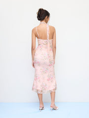 Lace Floral Cowl Neck Mermaid Maxi Dress With Scarf