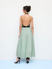 Halter Neckline Backless Contrasting Binding Bowknot Ruffle Hem Maxi Dress