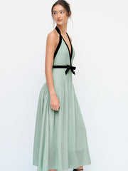 Halter Neckline Backless Contrasting Binding Bowknot Ruffle Hem Maxi Dress