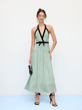 Halter Neckline Backless Contrasting Binding Bowknot Ruffle Hem Maxi Dress