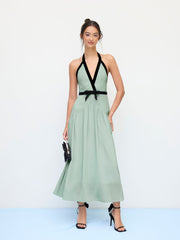 Halter Neckline Backless Contrasting Binding Bowknot Ruffle Hem Maxi Dress