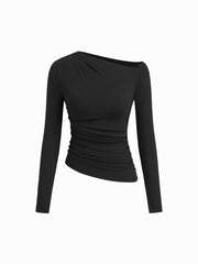Asymmetrical Neck Long Sleeve Ruched Top