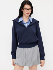 Cotton-blend Collar Two Tone Plaid Long Sleeve Sweatshirt
