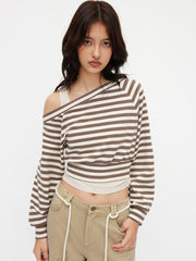 Cotton-blend Asymmetrical Neckline Striped Sweatshirt & Ruched Tank Top
