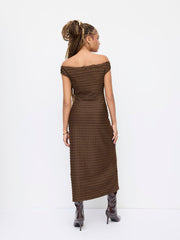 Off-shoulder Texture Lettuce Trim Maxi Dress