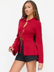 Knit Wool-blend Collar Bell Sleeve Belted Front Cut Out Top