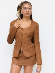Suede Square Neck Long Sleeve Blazer