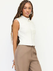 Cotton-blend High Neckline Zip Through Tank Top