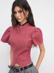 Plaid Stand Collar Short Sleeve Asymmetrical Hem Zip Through Blouse