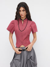 Plaid Stand Collar Short Sleeve Asymmetrical Hem Zip Through Blouse