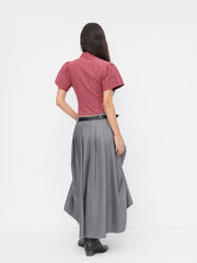 Plaid Stand Collar Short Sleeve Asymmetrical Hem Zip Through Blouse