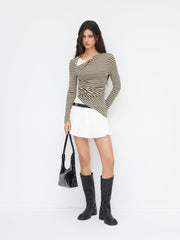 Stripe Asymmetrical Neckline Long Sleeve Ruched Tee