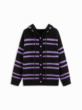 Knit Wool-blend Hooded Heart Button Striped Drawstring Oversized Cardigan