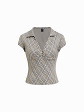 V-neck Plaid Ruched Short Sleeve Top