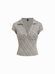 V-neck Plaid Ruched Short Sleeve Top