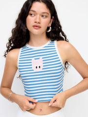 Cotton-blend Stripe Cat Graphic Round Neckline Crop Tank Top