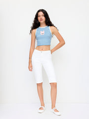 Cotton-blend Stripe Cat Graphic Round Neckline Crop Tank Top