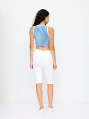 Cotton-blend Stripe Cat Graphic Round Neckline Crop Tank Top