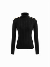 Cable Knit High Neck Metal Detail Button Long Sleeve Top