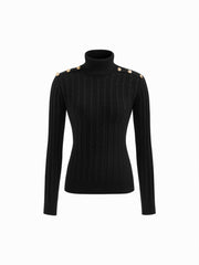Cable Knit High Neck Metal Detail Button Long Sleeve Top