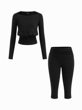 Boat Neck Ruched Long Sleeve Top & Low Rise Capri Leggings Set