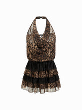 Cowl Neck Leopard Print Backless Lace Layered Mini Dress