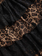 Cowl Neck Leopard Print Backless Lace Layered Mini Dress