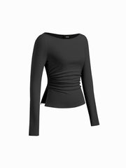 Cotton-blend Boat Neck Ruched Side Split Tee