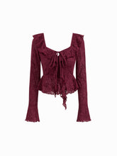 Lace Sweetheart Floral Lettuce Trim Peplum Hem Long Sleeve Top
