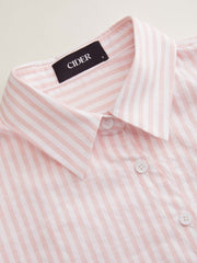 Cotton-blend Stripe Collar Long Sleeve Tie Back Asymmetrical Shirt