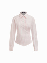 Cotton-blend Stripe Collar Long Sleeve Tie Back Asymmetrical Shirt