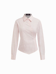 Cotton-blend Stripe Collar Long Sleeve Tie Back Asymmetrical Shirt