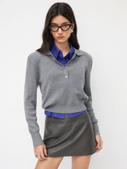 Knit Wool-blend Collar Button Top With Shoulder Pads
