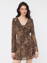 Chiffon Leopard V-neck Bell Sleeve Ruffle Trim Knotted Mini Dress