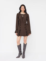 Ruffle Trim Tie Front Cut Out Long Sleeve Mini Dress
