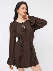 Ruffle Trim Tie Front Cut Out Long Sleeve Mini Dress