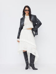 Cotton Mid Rise Broderie Anglaise Asymmetrical Hem Layered Maxi Skirt