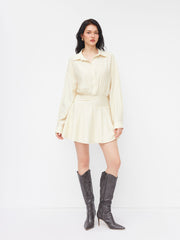 Collar Shirred Ruched Long Sleeve Mini Shirt Dress
