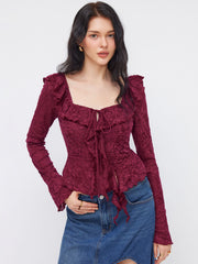 Lace Sweetheart Floral Lettuce Trim Peplum Hem Long Sleeve Top