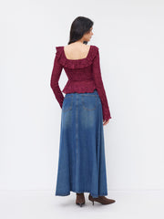Lace Sweetheart Floral Lettuce Trim Peplum Hem Long Sleeve Top