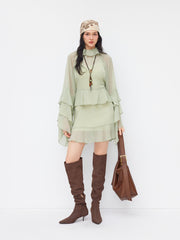 Two Pieces Chiffon Collar Bell Sleeve Layered Ruffle Mini Dress With Cami Mini Dress