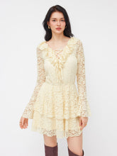 Lace Floral V-neck Long Sleeve Ruffle Lace Up Layered Mini Dress