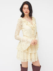 Lace Floral V-neck Long Sleeve Ruffle Lace Up Layered Mini Dress