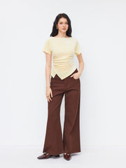Velvet Boat Neck Short Sleeve Asymmetrical Hem Ruched Top