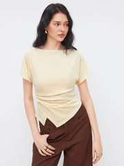 Velvet Boat Neck Short Sleeve Asymmetrical Hem Ruched Top