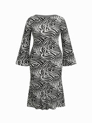 Zebra Striped Boat Neck Bell Sleeve Ruffle Hem Maxi Dress Curve & Plus