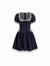 Stretch Denim Lace Trim Puff Sleeve A-line Mini Dress