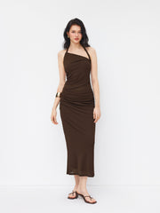 Mesh Halter Neckline Twist Ruched Top & Mid Rise Maxi Skirt Set